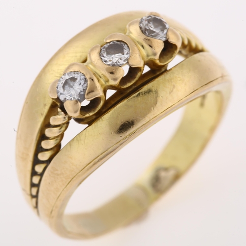 1244 - An 18ct gold three stone diamond gypsy ring, bezel set with modern round brilliant-cut diamonds, tot... 