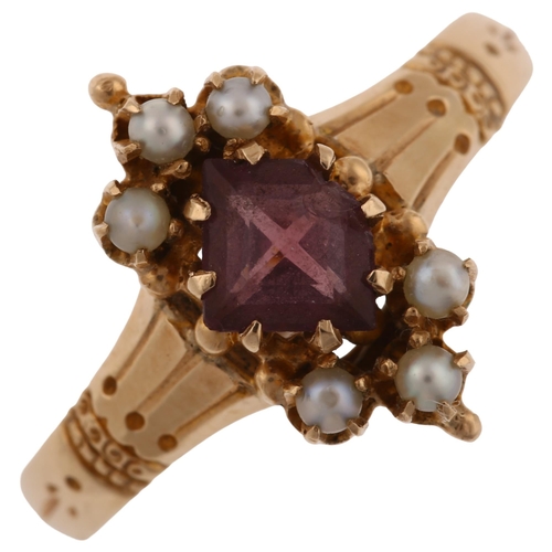 1246 - A late 20th century amethyst and pearl dress ring, set with square rose-cut amethyst, unmarked gold ... 