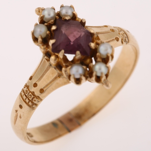 1246 - A late 20th century amethyst and pearl dress ring, set with square rose-cut amethyst, unmarked gold ... 