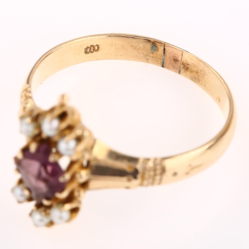 1246 - A late 20th century amethyst and pearl dress ring, set with square rose-cut amethyst, unmarked gold ... 