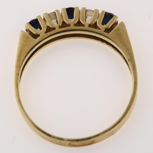 1250 - A 14ct gold five stone sapphire and diamond half hoop ring, setting height 3mm, size O, 2.8g