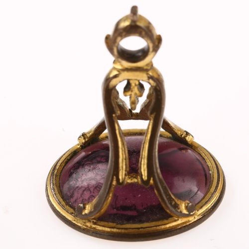 1251 - After Edward Burch (1730 - 1814), a Georgian amethyst paste intaglio seal fob, impressed with male h... 