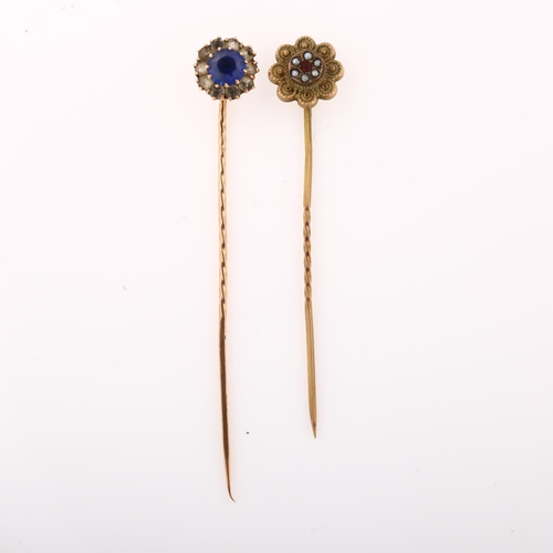 1254 - 2 Victorian stone set stickpins, unmarked yellow metal settings, largest length 59.8mm, 1.9g gross (... 