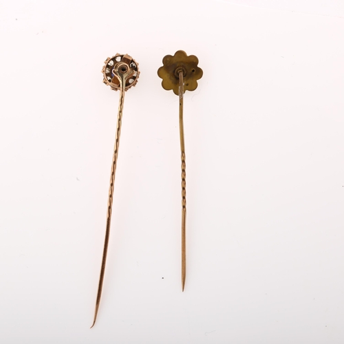 1254 - 2 Victorian stone set stickpins, unmarked yellow metal settings, largest length 59.8mm, 1.9g gross (... 