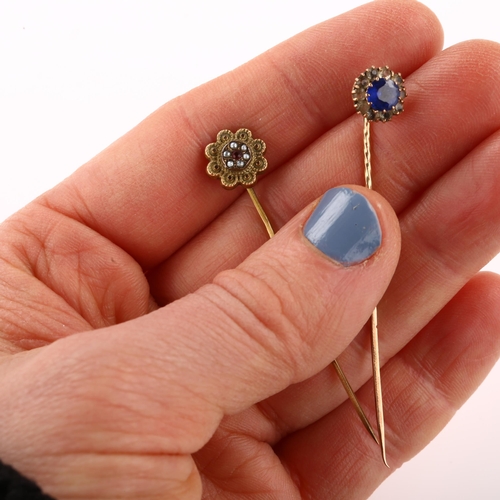 1254 - 2 Victorian stone set stickpins, unmarked yellow metal settings, largest length 59.8mm, 1.9g gross (... 