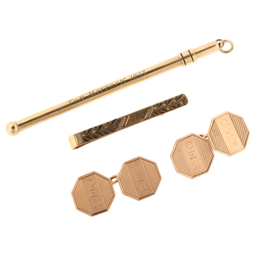 1256 - Various 9ct gold jewellery, comprising Art Deco octagonal cufflinks (6.2g), tie clip (2g), and cockt... 