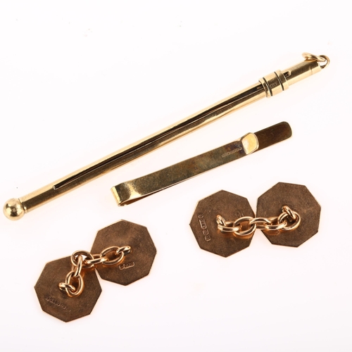 1256 - Various 9ct gold jewellery, comprising Art Deco octagonal cufflinks (6.2g), tie clip (2g), and cockt... 