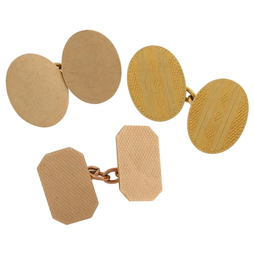 1258 - 3 x gold single cufflinks, comprising 18ct (5.3g), and 9ct (7.8g)