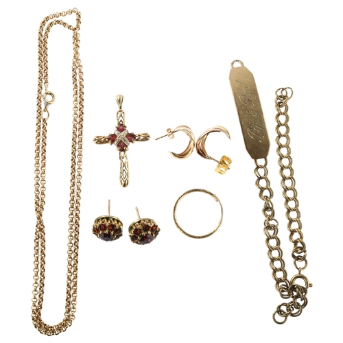 1261 - Various 9ct gold jewellery, including ruby cross pendant, belcher link chain necklace etc, 20.2g gro... 