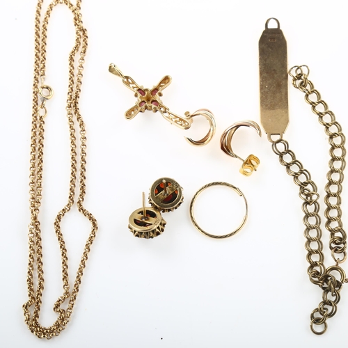 1261 - Various 9ct gold jewellery, including ruby cross pendant, belcher link chain necklace etc, 20.2g gro... 