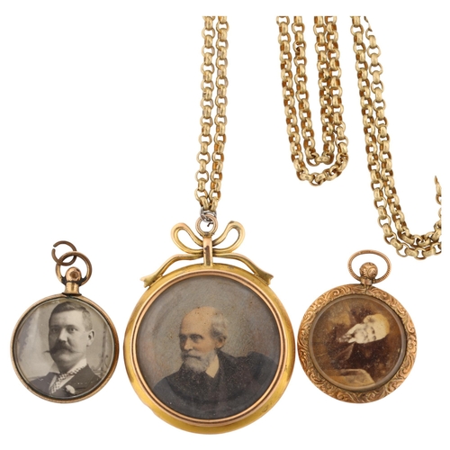 1271 - 3 Victorian double-sided photo locket pendants, including 2 x 9ct gold examples, largest diameter 39... 