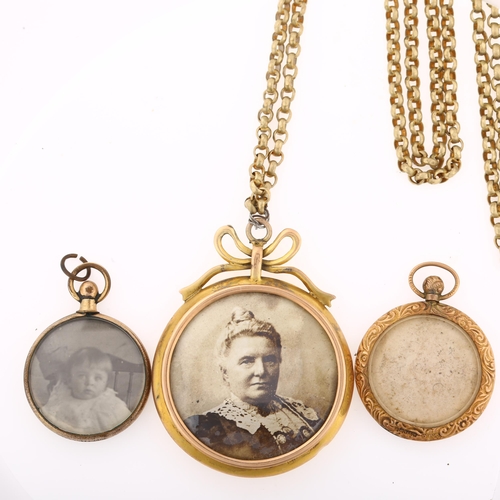 1271 - 3 Victorian double-sided photo locket pendants, including 2 x 9ct gold examples, largest diameter 39... 