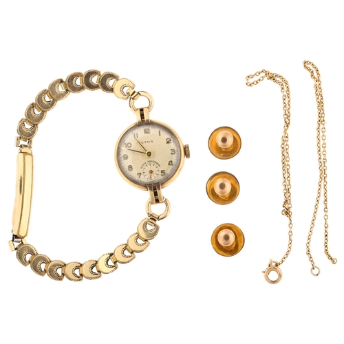 1272 - Various 9ct gold jewellery, including Cyma lady's wristwatch, dress studs etc, 5.5g weighable