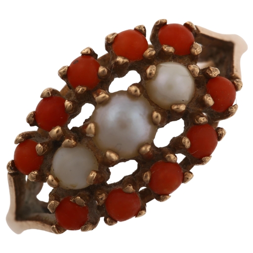 1273 - A late 20th century 9ct gold pearl and coral dress ring, hallmarks London 1972, setting height 10.7m... 