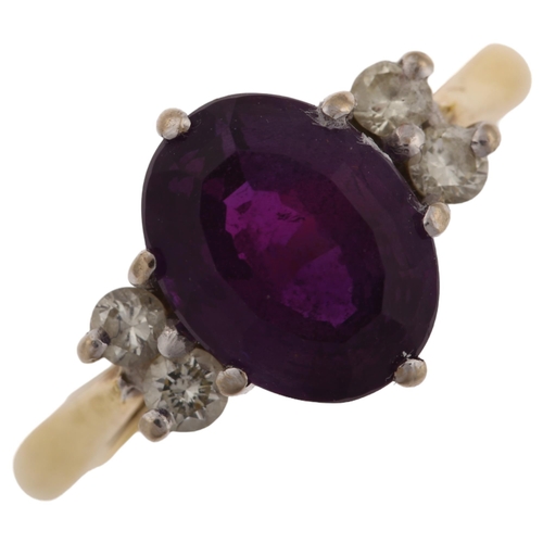 1275 - A late 20th century 18ct gold amethyst and diamond dress ring, set with oval mixed-cut amethyst and ... 