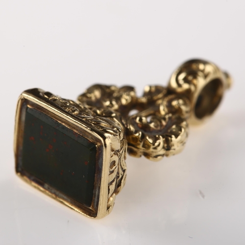 1282 - A 19th century miniature bloodstone seal fob, unmarked gold foliate mount, bloodstone length 8.2mm, ... 