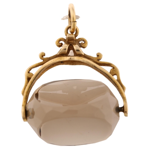 1283 - A mid-20th century 9ct gold smoky quartz swivel fob, hallmarks London 1969, width 21.6mm, 6.1g