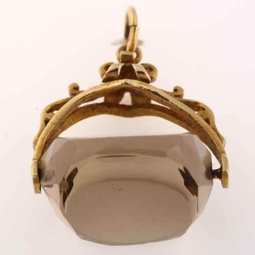 1283 - A mid-20th century 9ct gold smoky quartz swivel fob, hallmarks London 1969, width 21.6mm, 6.1g