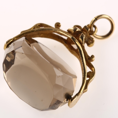 1283 - A mid-20th century 9ct gold smoky quartz swivel fob, hallmarks London 1969, width 21.6mm, 6.1g