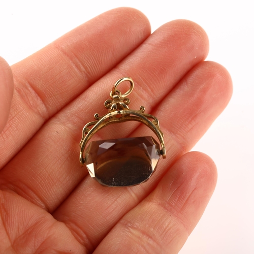 1283 - A mid-20th century 9ct gold smoky quartz swivel fob, hallmarks London 1969, width 21.6mm, 6.1g