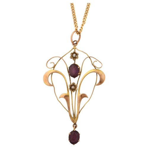 1286 - An Edwardian 9ct rose gold amethyst and pearl openwork pendant necklace, on 9ct fine curb link chain... 