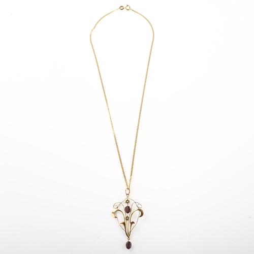 1286 - An Edwardian 9ct rose gold amethyst and pearl openwork pendant necklace, on 9ct fine curb link chain... 