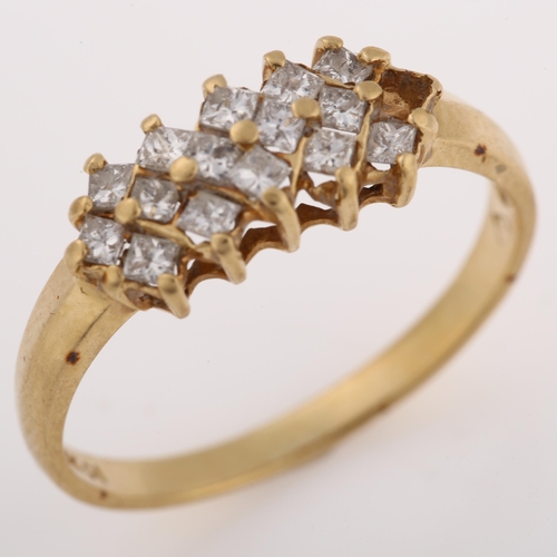 1289 - A 14ct gold diamond dress ring, set with Princess-cut diamonds, setting height 6.7mm, size P, 2.3g