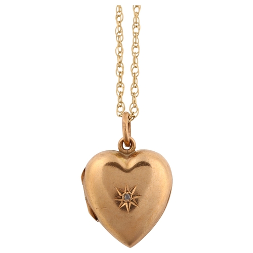 1295 - A 9ct gold back and front diamond heart locket pendant necklace, on 9ct fine Prince of Wales link ch... 