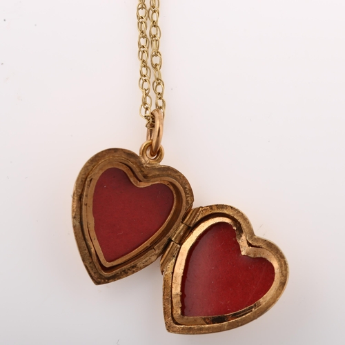 1295 - A 9ct gold back and front diamond heart locket pendant necklace, on 9ct fine Prince of Wales link ch... 