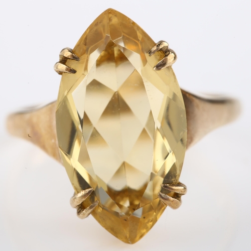 1298 - A mid-20th century 9ct gold citrine dress ring, set with marquise-cut citrine, citrine length 18mm, ... 