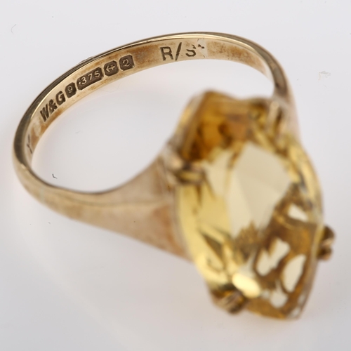 1298 - A mid-20th century 9ct gold citrine dress ring, set with marquise-cut citrine, citrine length 18mm, ... 