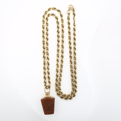 1303 - A Victorian Masonic gold stone pendant necklace, circa 1890, on later 9ct rope twist chain, pendant ... 