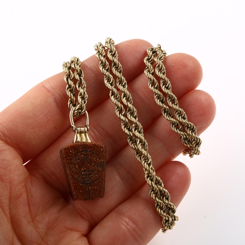 1303 - A Victorian Masonic gold stone pendant necklace, circa 1890, on later 9ct rope twist chain, pendant ... 