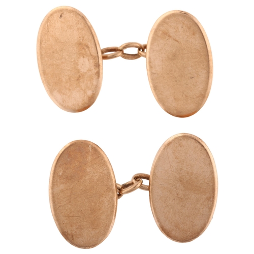 1305 - A pair of early 20th century 9ct rose gold cufflinks, plain oval panels, hallmarks Birmingham 1914, ... 