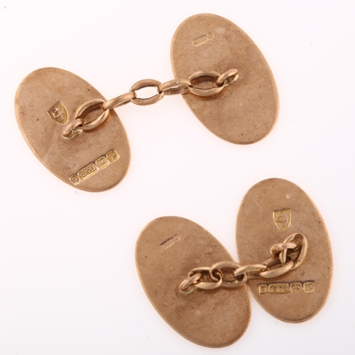 1305 - A pair of early 20th century 9ct rose gold cufflinks, plain oval panels, hallmarks Birmingham 1914, ... 