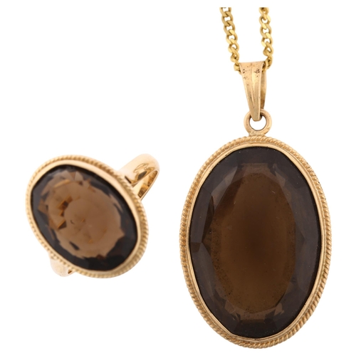 1306 - A 14ct gold smoky quartz jewellery set, comprising pendant necklace on 9ct chain and ring, pendant h... 