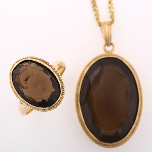 1306 - A 14ct gold smoky quartz jewellery set, comprising pendant necklace on 9ct chain and ring, pendant h... 