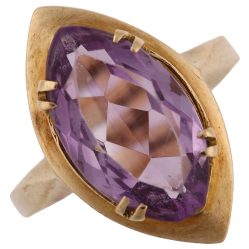 1309 - A mid-20th century 9ct gold amethyst dress ring, set with marquise-cut amethyst, hallmarks Birmingha... 