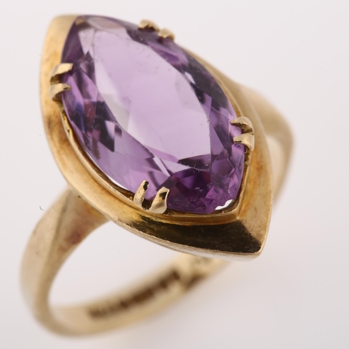 1309 - A mid-20th century 9ct gold amethyst dress ring, set with marquise-cut amethyst, hallmarks Birmingha... 