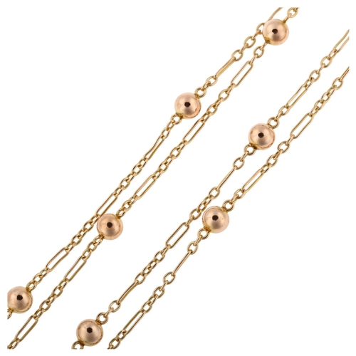 1319 - An Antique 9ct rose gold long guard chain necklace, with ball spacers, length 144cm, 17.3g