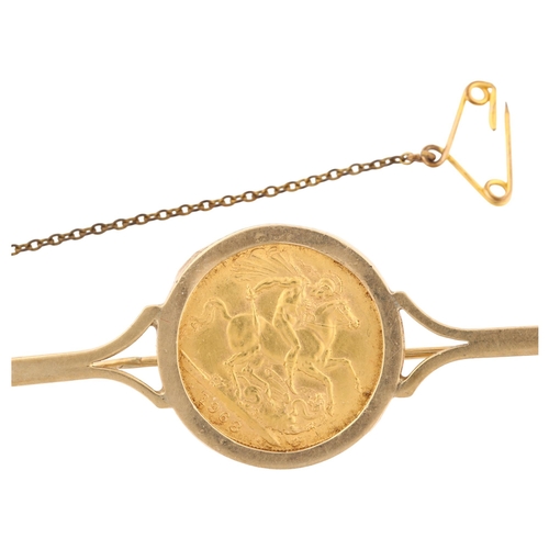 1324 - An Elizabeth II 1968 gold full sovereign coin, in 9ct gold brooch mount, brooch length 65mm, 12.9g