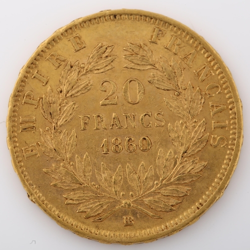 1326 - A Napoleon III 1860 French gold 20 francs coin, 6.4g