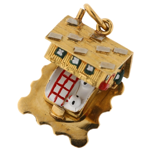 1333 - A Continental 18ct gold and enamel kinetic chalet charm, opening to reveal couple in bed, charm leng... 