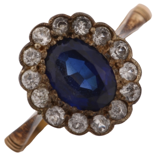 1334 - A 9ct gold synthetic sapphire and white sapphire cluster ring, setting height 11.6mm, size N, 1.7g