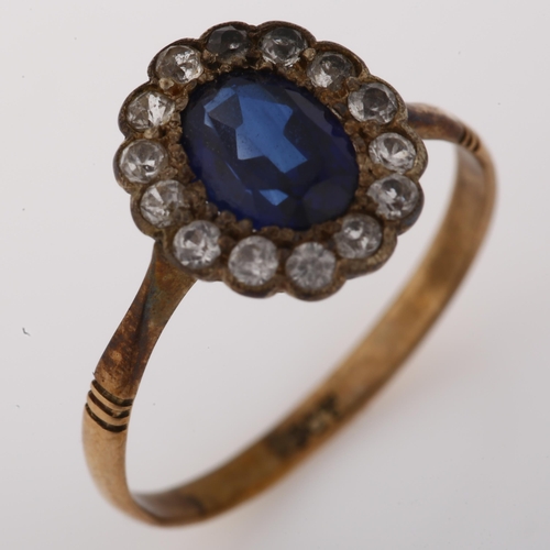 1334 - A 9ct gold synthetic sapphire and white sapphire cluster ring, setting height 11.6mm, size N, 1.7g