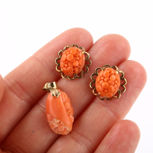 1335 - A matched coral demi-parure, comprising 14ct gold pendant and pair of 9ct earrings, pendant height 2... 