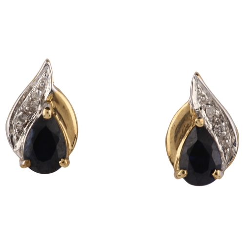 1339 - A pair of 9ct gold sapphire and diamond earrings, with stud fittings, earring height 10.5mm, 1.4g