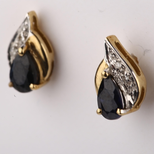 1339 - A pair of 9ct gold sapphire and diamond earrings, with stud fittings, earring height 10.5mm, 1.4g