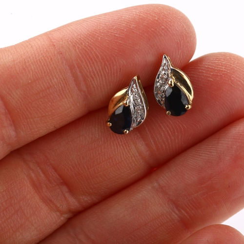 1339 - A pair of 9ct gold sapphire and diamond earrings, with stud fittings, earring height 10.5mm, 1.4g