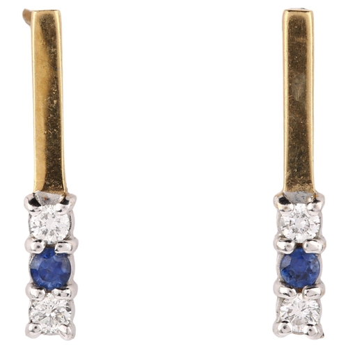 1340 - A pair of 9ct gold sapphire and diamond bar earrings with stud fittings, earring height 20.1mm, 2g